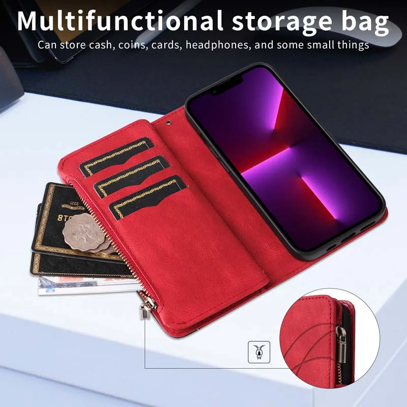 Leather Flip Wallet Phone Case with Zipper and 9-Card Holder Slots