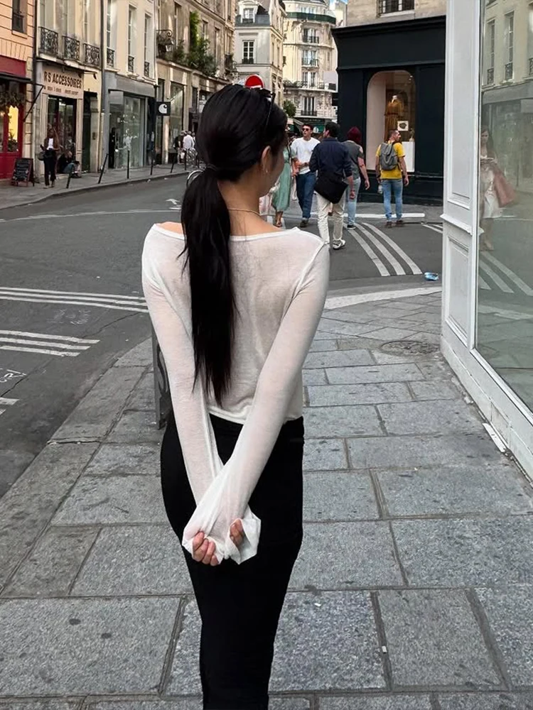 Nibber Casual Letter Print t-Shirts Women Long Sleeve See Through Wide Neck Skinny Autumn New Trend Street Simple Classic Tops