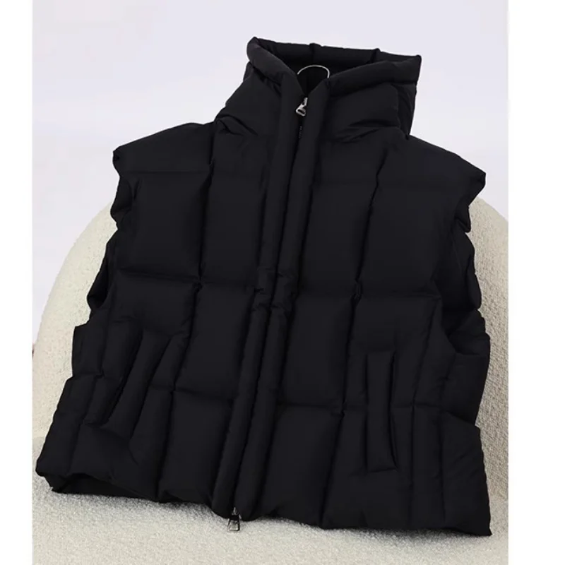 Winter Black Hooded Down Vests Coats White Duck Sleeveless Casual Fashion Women Niche Jackets Loose Keep Warm Skin-friendly Tops