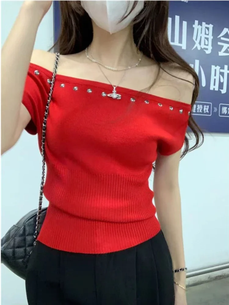Y2k New Shoulder Short-sleeved Women's One-word Collar Slim-fit Knitted Top Elegant Fashion Thin Casual T-shirt Knitwear Top