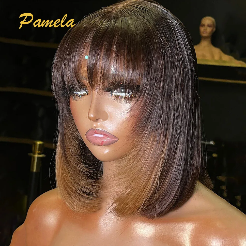 Pixie Cut Short Bob Glueless Wig Human Hair Ready To Wear Ombre 1B 4 Brown Colored Bone Straight 13x4 Lace Front Human Hair Wig