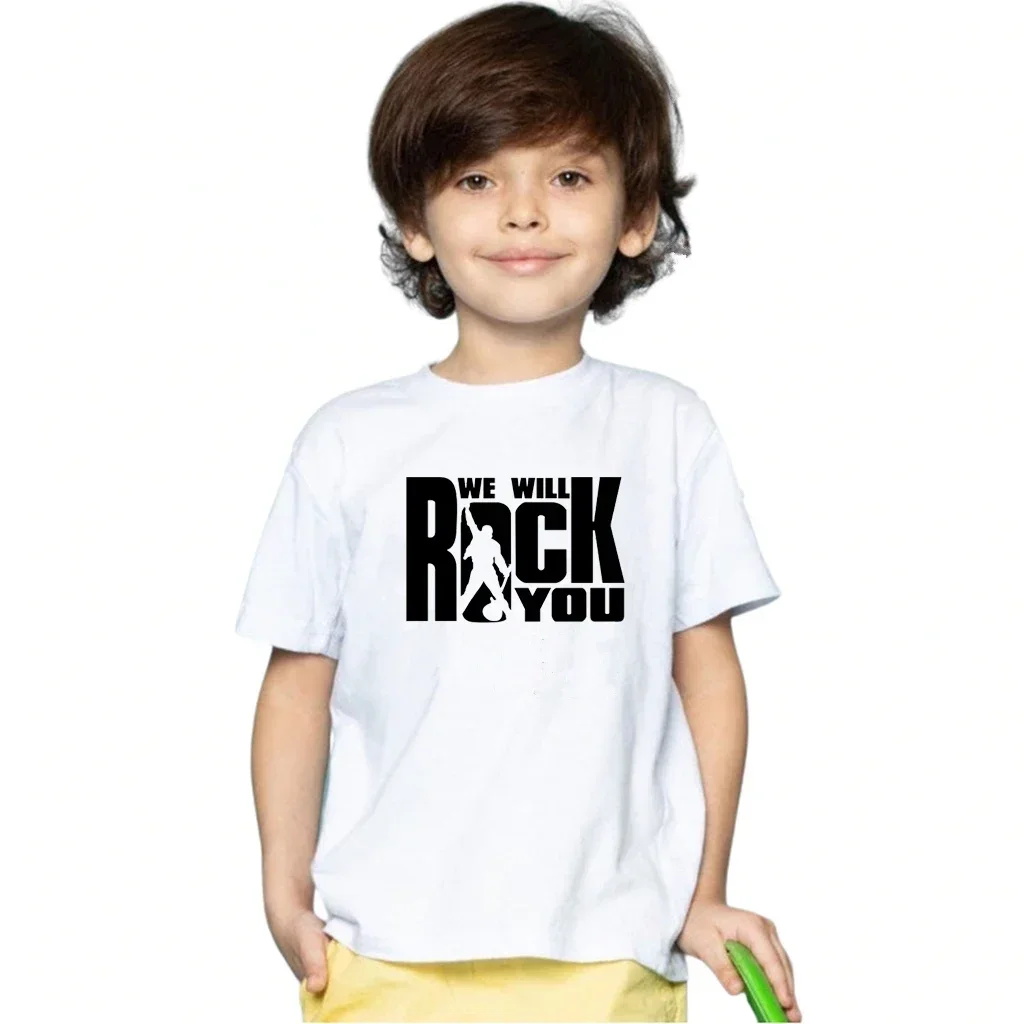 We Will Rock You Queen Print T shirt Kids Summer White Tops Children Fashion Casual T-shirt Rock Anthem Childrens Tshirt 2