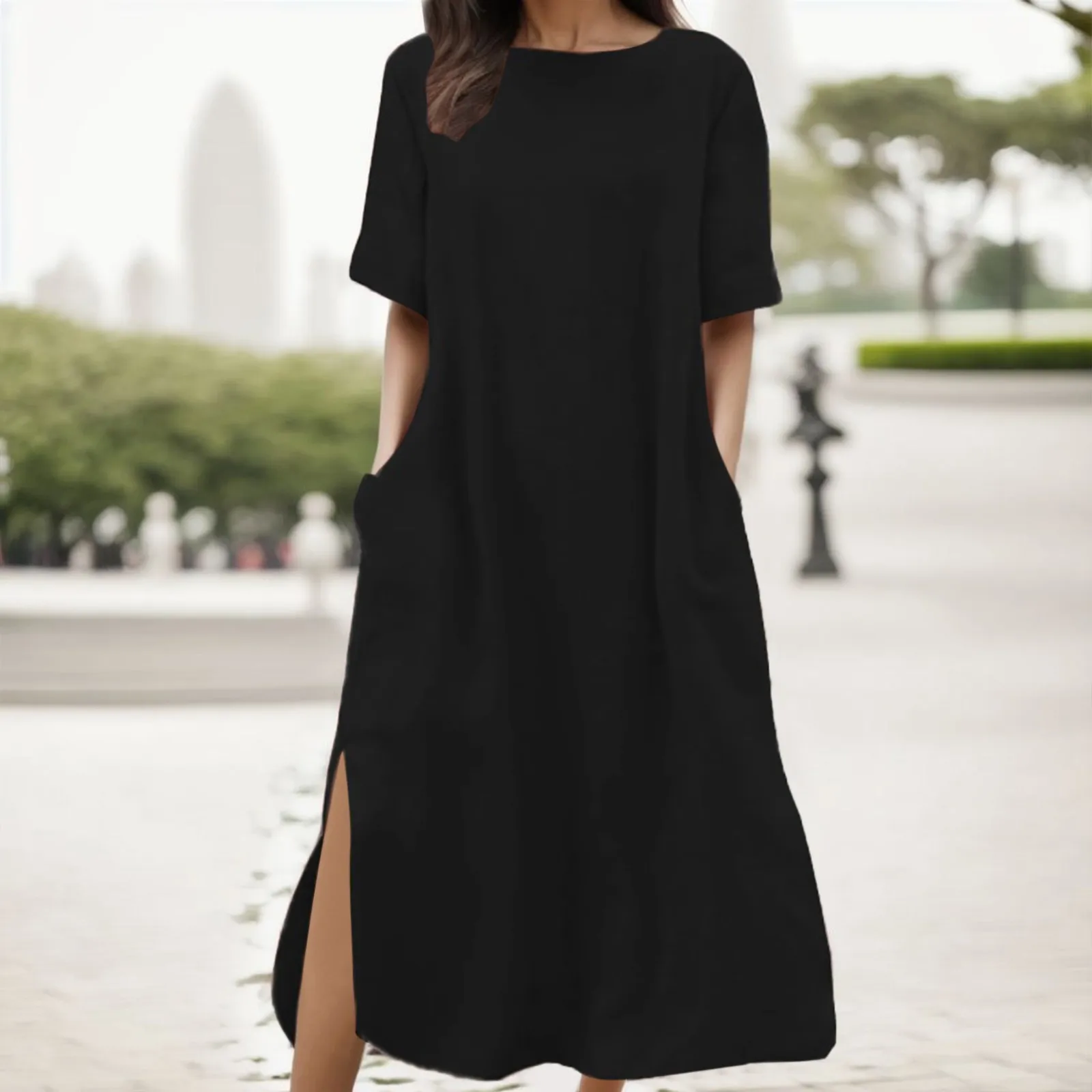 

Women Daily Casual Dress Loose Comfortable Round Neck Short Sleeve Dress Elegant Simple Solid Colour Hem Slit Dress With Pockets