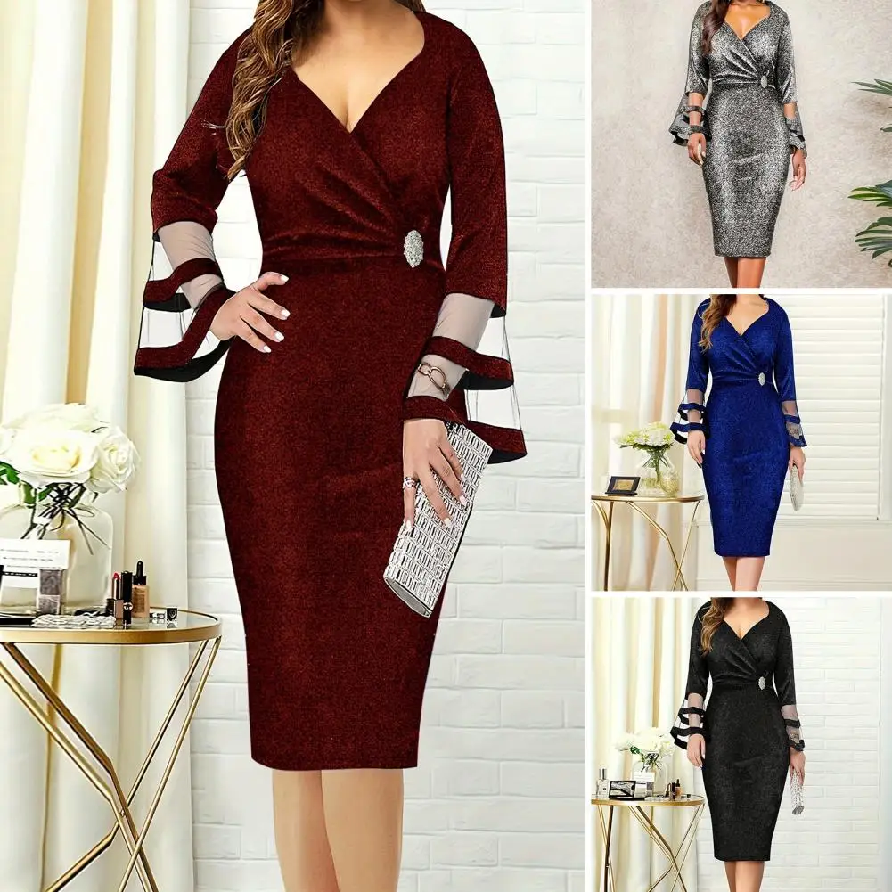 

Women Party Dress Mesh Patchwork Low-cut V Neck Knee Length Slim Fit Sheath Long Flared Sleeve Solid Color Tight Waist Lady Prom