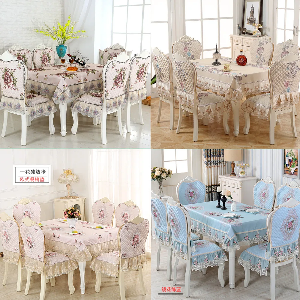 

European Linen Dining Tablecloth Chair Cover Cushion Set Classical Jacquard Lace Table Cover Round\Rectangle Furniture Cover