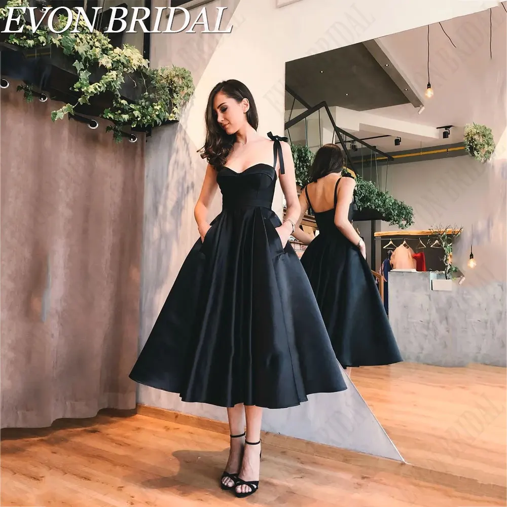 EVON BRIDAL Classic Satin Black Evening Dresses Princess Sweetheart Neck A-Line Prom Gowns Backless Sleeveless فساتين الحفلات