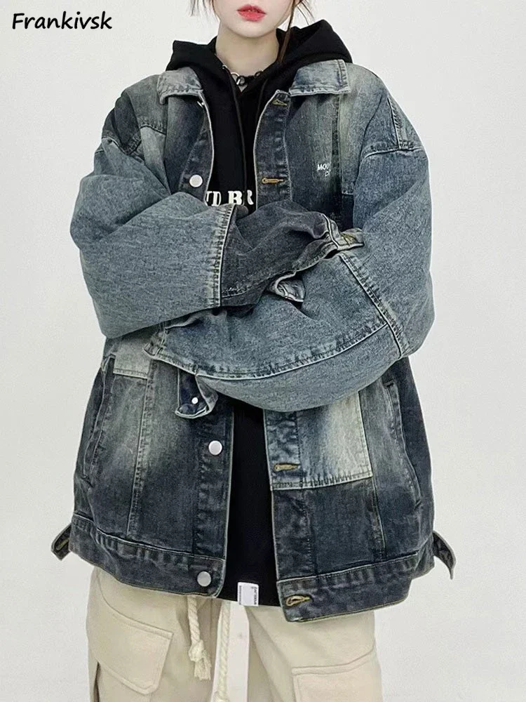

Denim Jackets Women Spliced American Retro Baggy Long Sleeve All-match Streetwear Hotsweet Aesthetic Ladies Overcoats Autumn New
