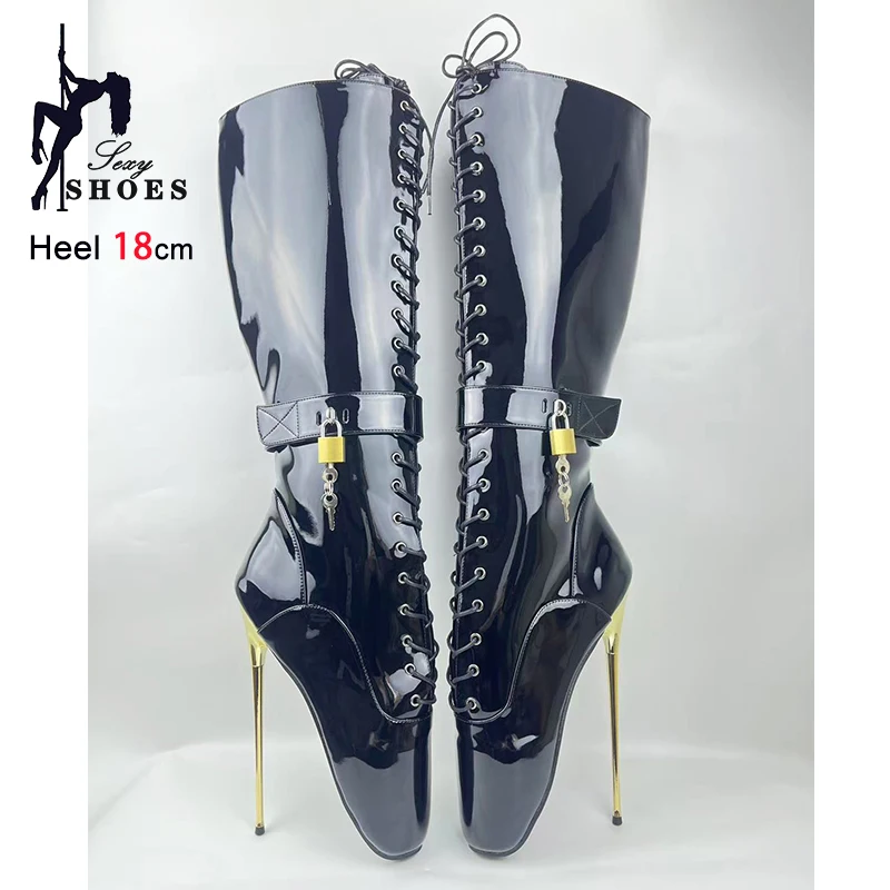 New 7" Stiletto Lockable Padlocks Sexy Fetish Mid-calf Boots Night Club Women Black Ballet Boots Fashion Cross dressing Shoes