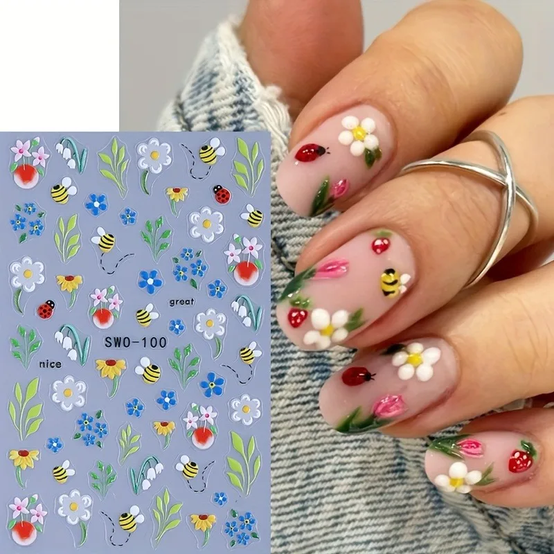 레드 체리 비 3D 네일 스티커 - 여성용 봄 여름 꽃무늬 네일 데칼 DIY - 음악 축제/부활절/피크닉 네일 아트 데코레이션