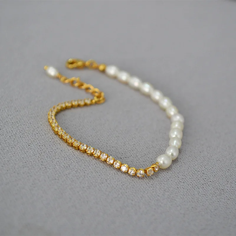 

Korean Fashion Accessories Length Adjustable Bracelet Shining Zircon Chain Freshwater Pearl Splice Bracelet Girl Jewelry Women