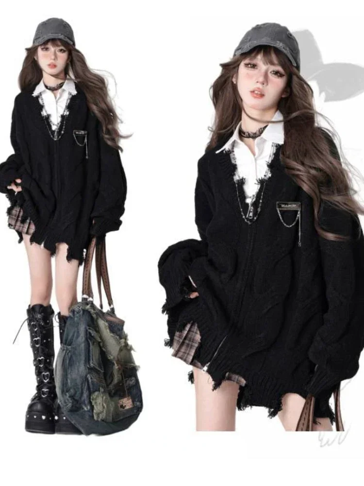 

Deeptown Y2K Gothic Black Twist Knitted Cardigan Women Harajuku Vintage Zipper Oversized Sweater Grunge Hollow Out Tops Korean