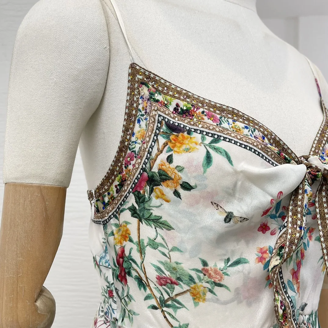 Silk Sleeveless Re-tro 2024 New Arrivals High Quality Floral Printing Self Tie Bow Diamonds Women Vintage Camisole Midi Dress