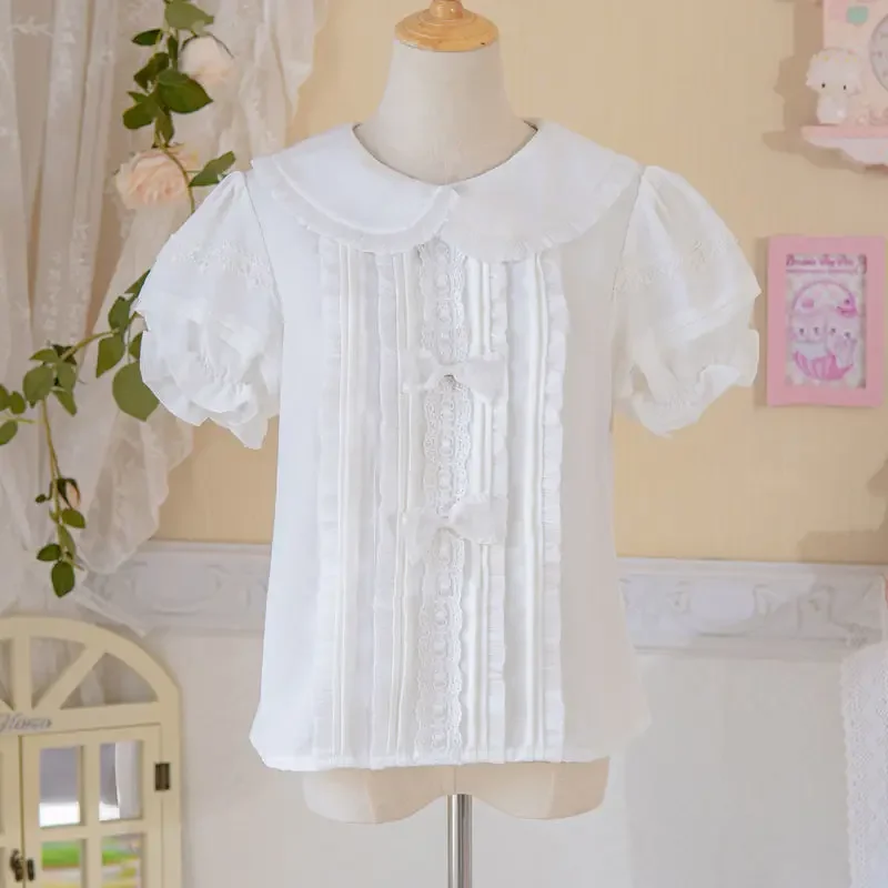 

Summer Sweet Cute Lolita Blouses Women Kawaii Bow Lace Ruffles Peter Pan Collar Short Sleeve Tops Japanese Style White JK Shirts