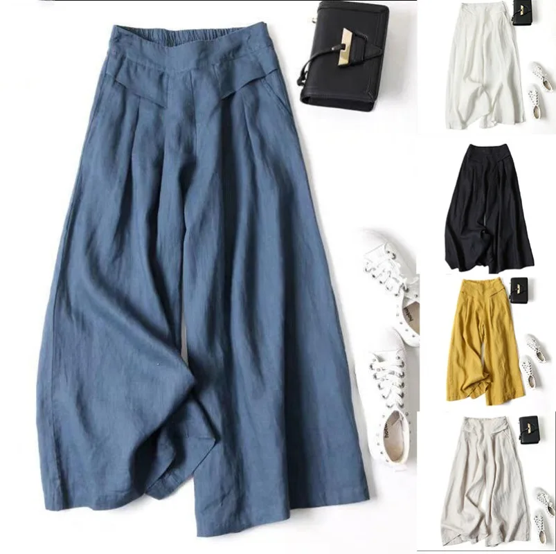 

2024 Y2k Women's Cotton Linen Wide Leg Pants Solid Casual Loose Elastic High Waist Ladies Pants Trousers Pantalones