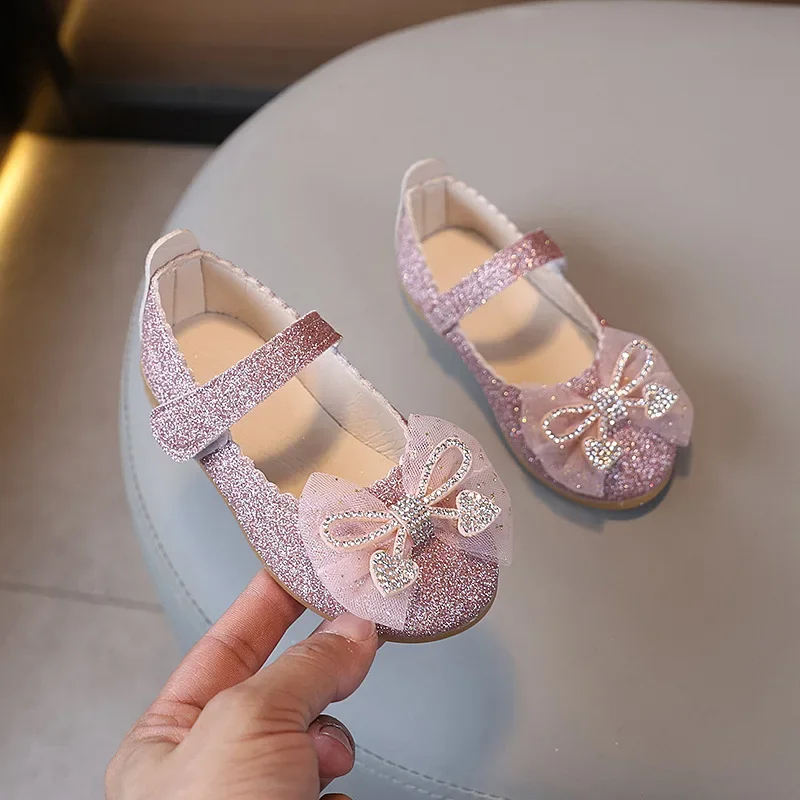 Girls Leather Party Shoes with Sequins and Soft Bottom