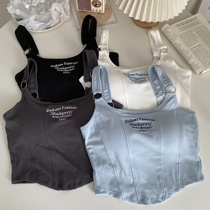 Women Summer Tops Camisole Square Collar Tank Top Y2k Sleeveless Crop Tops Pad Fashion Vest Embroidery Letter
