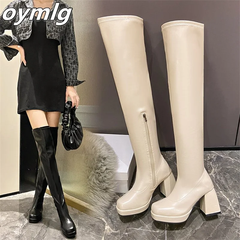 Thick Heel Over Knee Long Boots Women's Waterproof Platform Super High Heel Elastic Thin Boots Thick Sole Sexy Long Boots