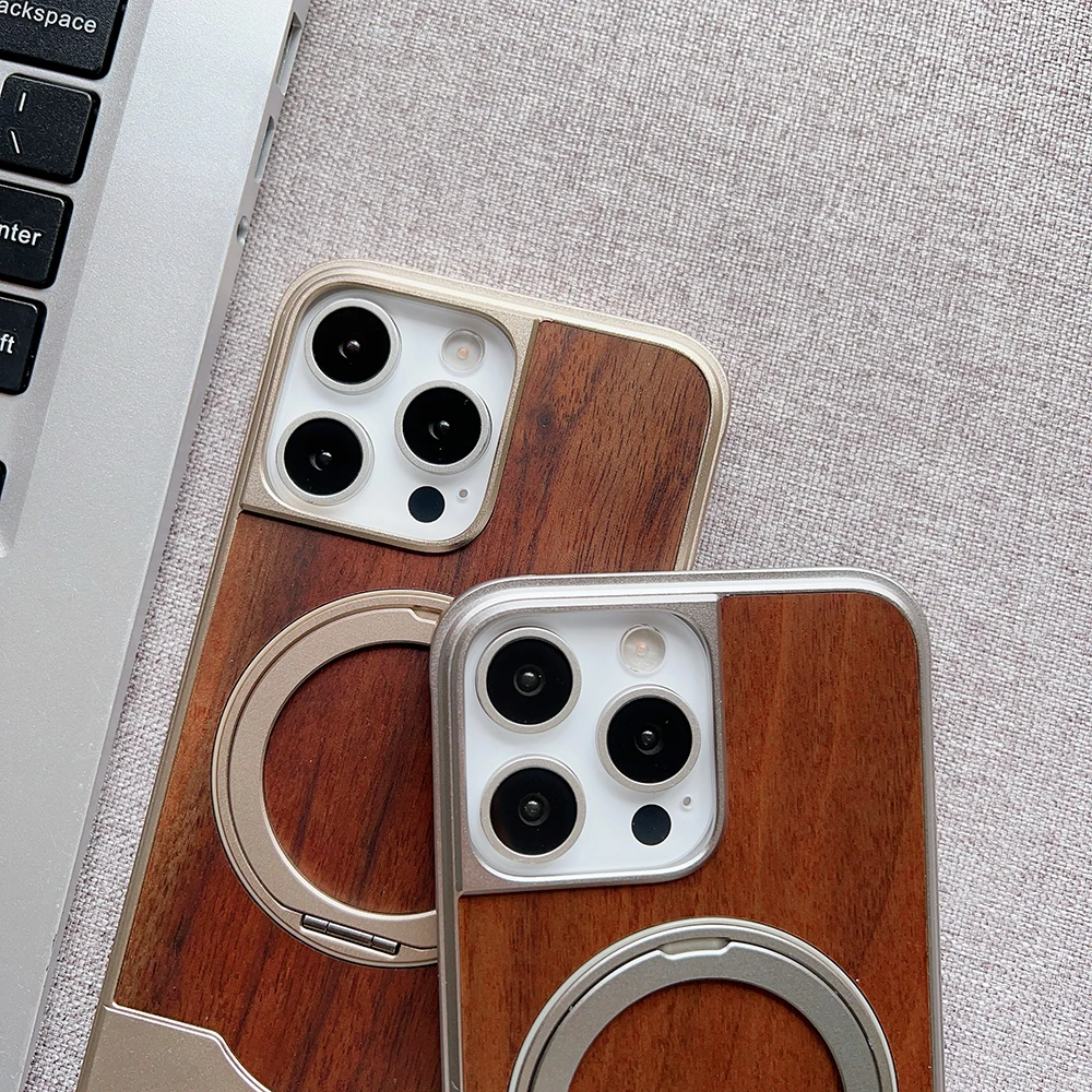 Alloy Wood Hybrid Phone Case with 360° Rotating Metal Stand and Magnetic Matte Finish