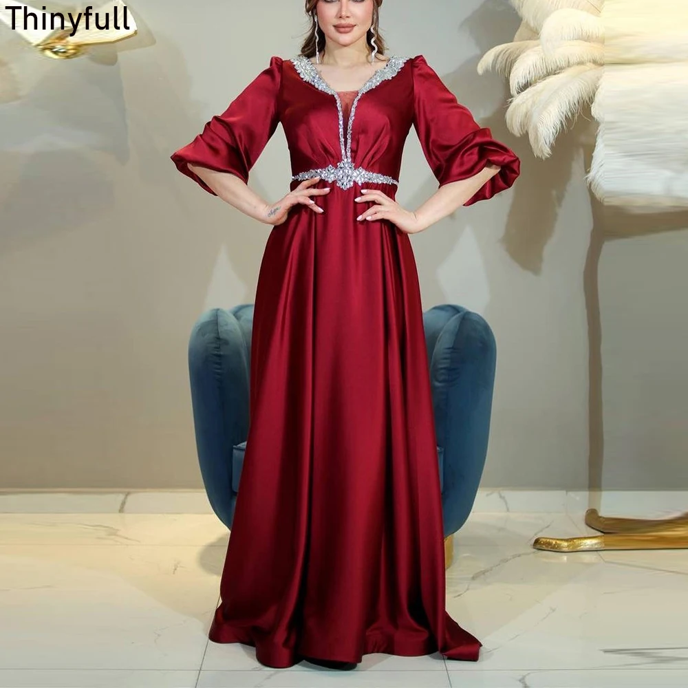 

Thinyfull Saudi Arabic Evening Party Gowns A-line V-neck Long Sleeves Sequines Prom Dress 2023 Formal Event Gown Robe De Soirée