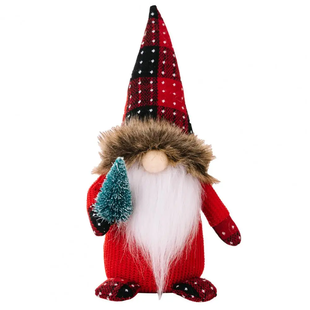 

Christmas Gnome Plush Xmas Gnome Decor Handmade Knitted Plaid Christmas Gnome Festive Tree Plush Ornament with Pointy Hat Full