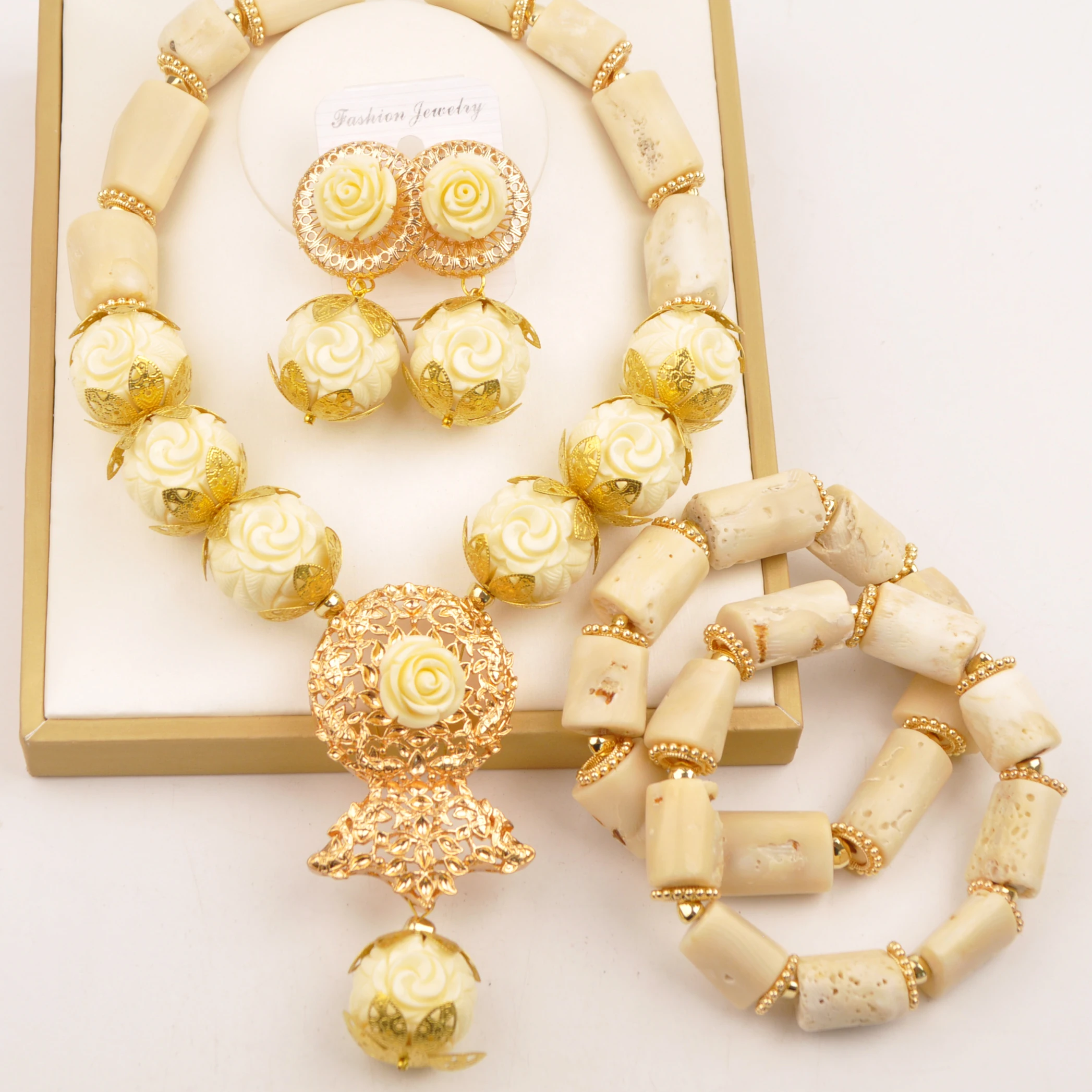 

New Design White Natural Coral Necklace Bracelet Earrings African Beads Jewelry Set