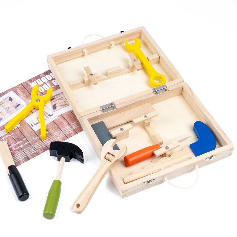 Wooden toolbox toys equipped with tools such as saws, hammers, square rulers, wrenches, screwdrivers, etc
