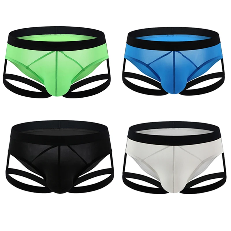 Men's Sexy Underwear Breathable Ice Silk Briefs with Leg Garters Hollow Out Thigh Strap Bulge Penis Pouch Bondage Fetish Costume
