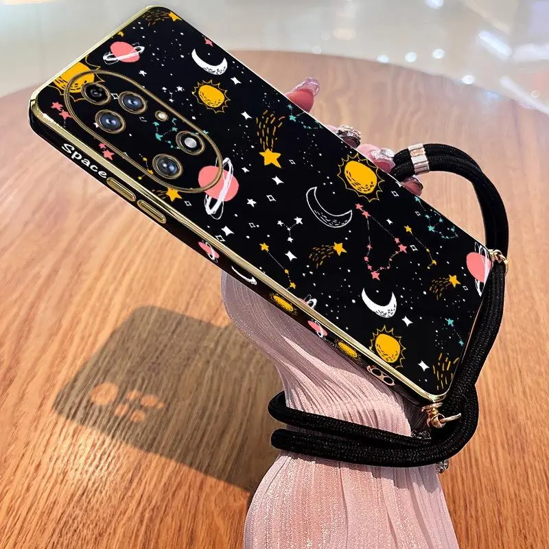 

Animation Universe Lanyard Plating Phone Case For Huawei P40 P30 P40 P50 Lite P20 Pro Nova 10SE 9SE Mate 50 40 30 Pro Cover