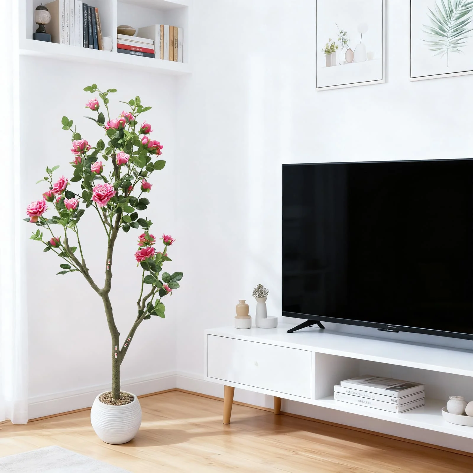 150 cm künstliche Rosenblüten, rosa künstlicher Rosenbaum mit grünen Blättern, künstliche Pflanze für Wohnzimmer, Büro, Heimdekoration – Detail 14