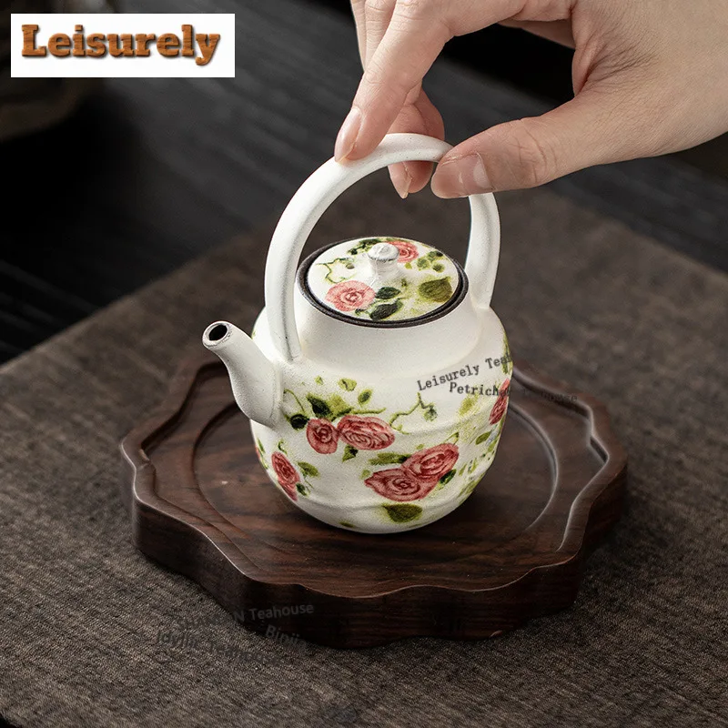 175ml Oil Painting Rose Porcelain Handle Teapot Zen Tea Infuser Pot Tea Making Kettle with Filter White Tea for Tea Ornaments