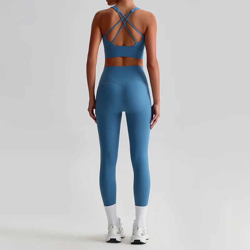 Naked Feel Yoga Set Women Fitness Sportswear 2 Piece Strappy Sports Bra High Waist Gym Leggings Workout Outfit Active Wear sports bra set gym workout set yoga pants set yoga set fitness set sportswear set sports set