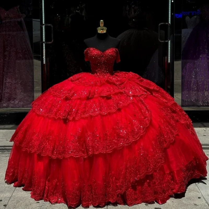 ANGELSBRIDEP Sparkly Tulle Red Ball Gown Quinceanera Dresses Sweet 16 Tiered Vestidos De Fiesta Birthday Party Dress