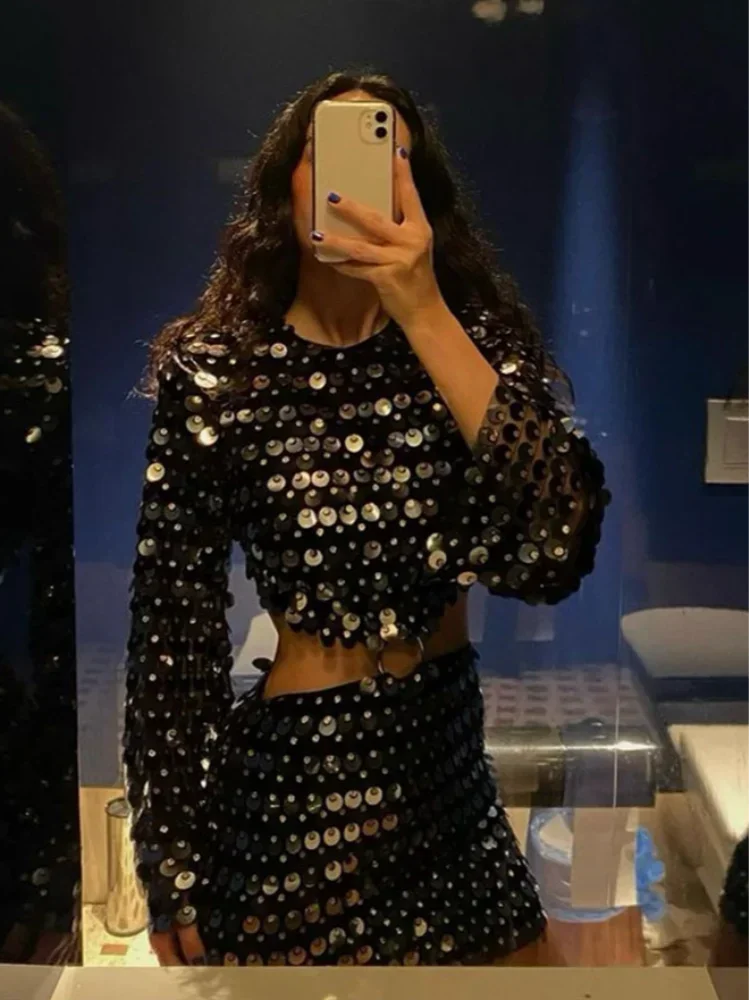 Sexy Shiny Sequins Short Dresses Female Glitter Flaer Sleeve Slim Hollow Out Mini Dress Sparkling Club Party Outfits High Street 3