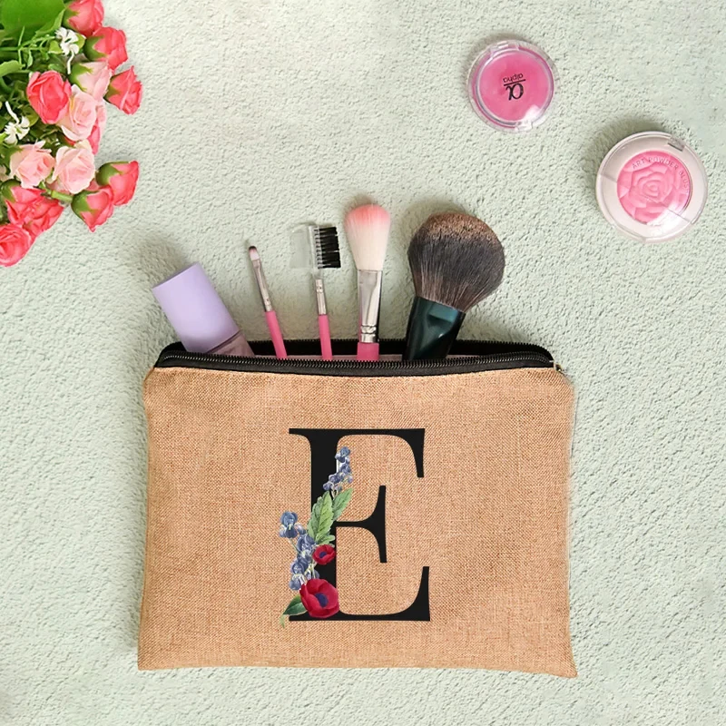 Floral Print Linen Zipper Pouch Cosmetic Travel Organizer