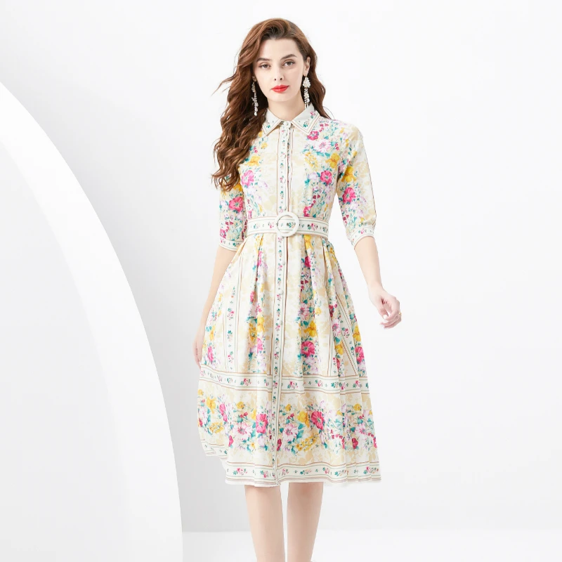 

2024 Spring/Summer Vintage Palace Style Turn-down Collar Three Quarter Tunic Waist Slim Fit Print Chiffon Dress Women