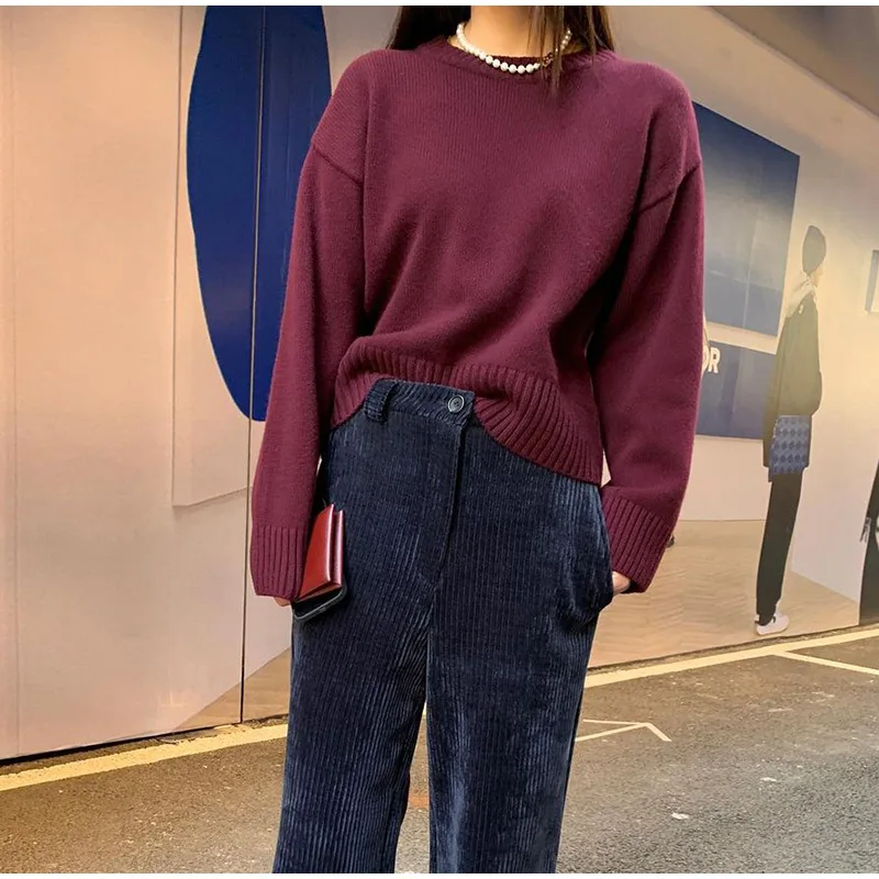 Casual Knitted O-neck Sweaters Women Retro Loose Solid Pullover Sweater Female Autumn Chic Elegant Street All-matching Tops