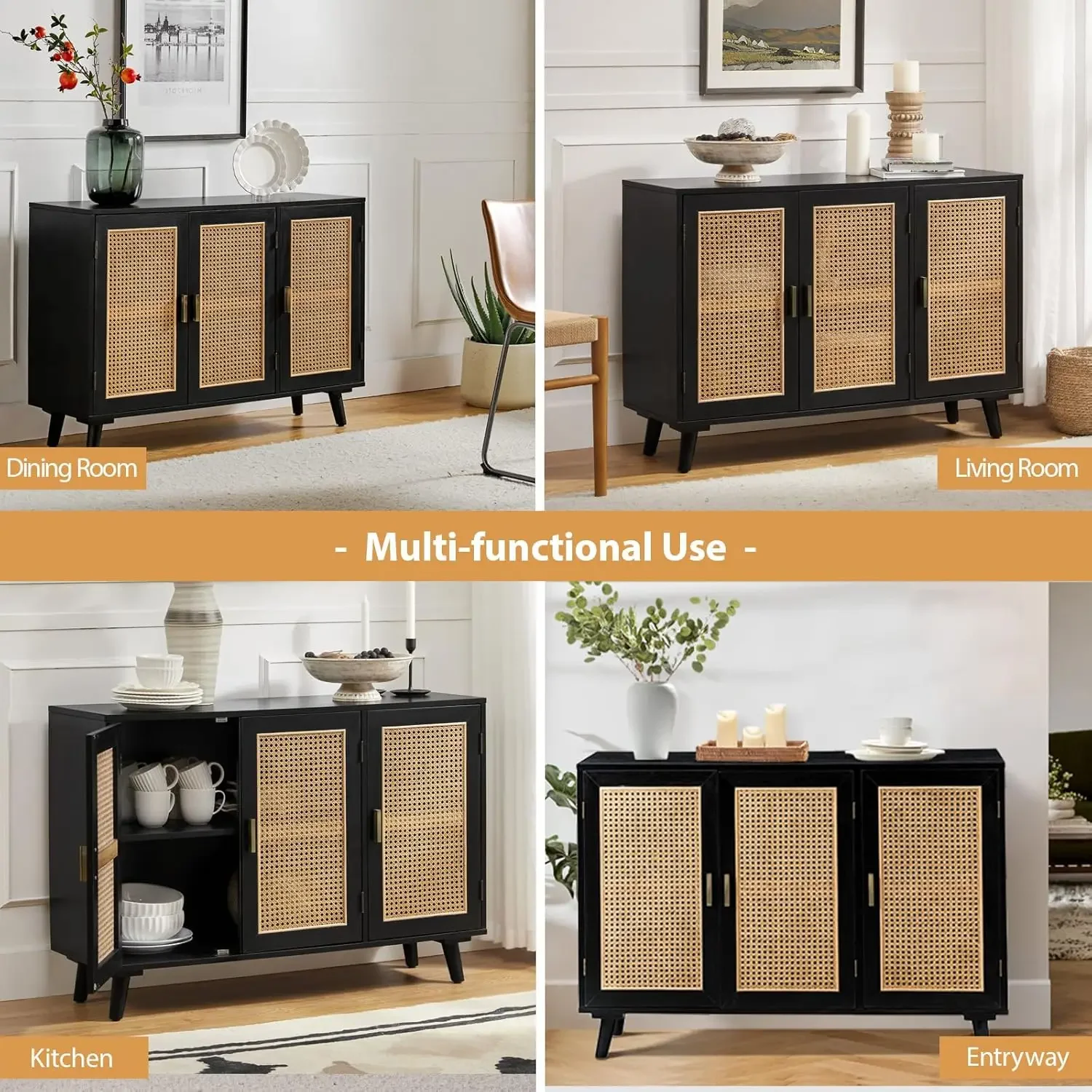 NEW-Accent Storage Cabinet with 3 Natural Rattan Doors & Wood Legs, 2-Tier Shelf Sideboard Buffet Cabinet, Cupboard Console Tabl
