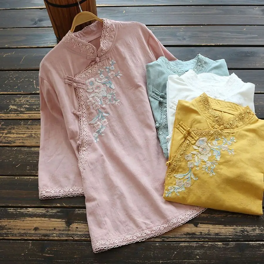 Embroidery China Style Shirt Women Vintage Cheongsam Top Hanfu Chinese Traditional Dress Tang Suit Harajuku Blouses Cotton Linen