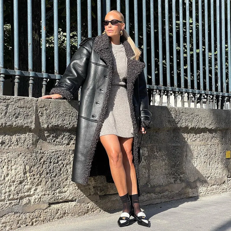 Fashion Lamb Wool PU Leather Long Jacket Women With Belt Patchwork Lapel Pocket Oversize Overcoat Winter Warm Thick Outwear