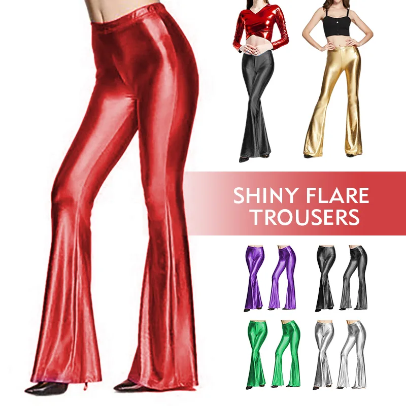 Women Shiny Flare Trousers Metallic Ruffles Wide Leg Pants Retro 70s Disco Hippie Clubwear Bell Bottom Trousers Skinny Pants new design denim wide leg pants high waist fashion full length jeans show thin classical trousers korean retro trend streetwear