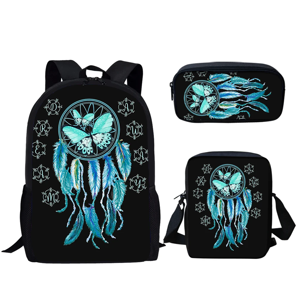 3Pcs/Set Dream Catcher Butterfly School Bag for Girls Boys Fashion School Bag Student Campus Backpack with Lunch Bag Pencil Bag