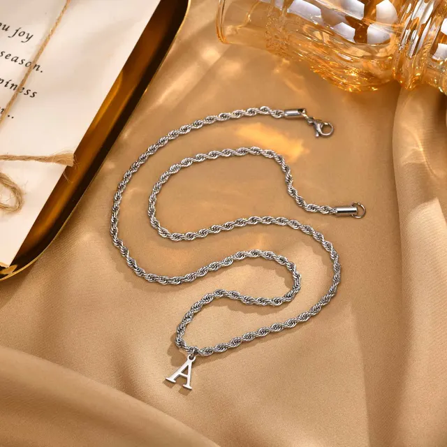 Initial Necklaces for Men Women, Stainless Steel A-Z 26 Letters Alphabet Charm Pendant with 60CM/23.6" Twisted Rope Chain Gift 5