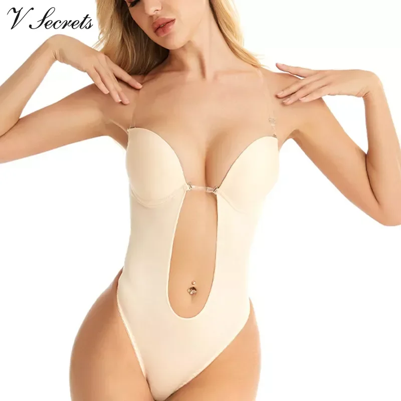 Sexy Full Bodyshaper Bra Women Deep V Convertible Bra Thong Shapewear Backless Invisible Push Up Underwear Slimming Bodysuit