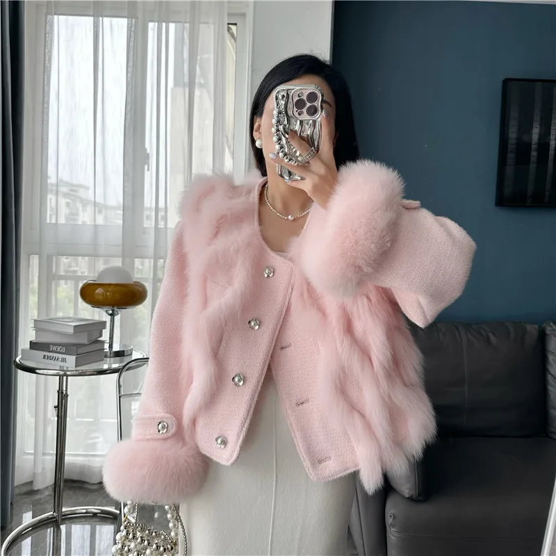 

Abrigo mujer invierno 2023 real fox fur strip patchwork wool blend short jacket for woman Korean style wome's winter fur coat