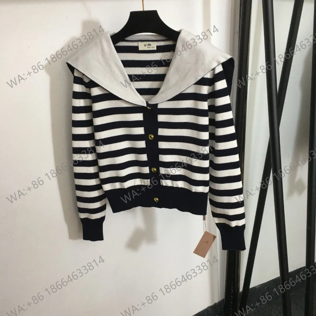 

Women's Long Sleeve Knitted Cardigan, Navy Collar, Stripe, High Quality, Versatile, New Fashion, Autumn and Winter, 20238940