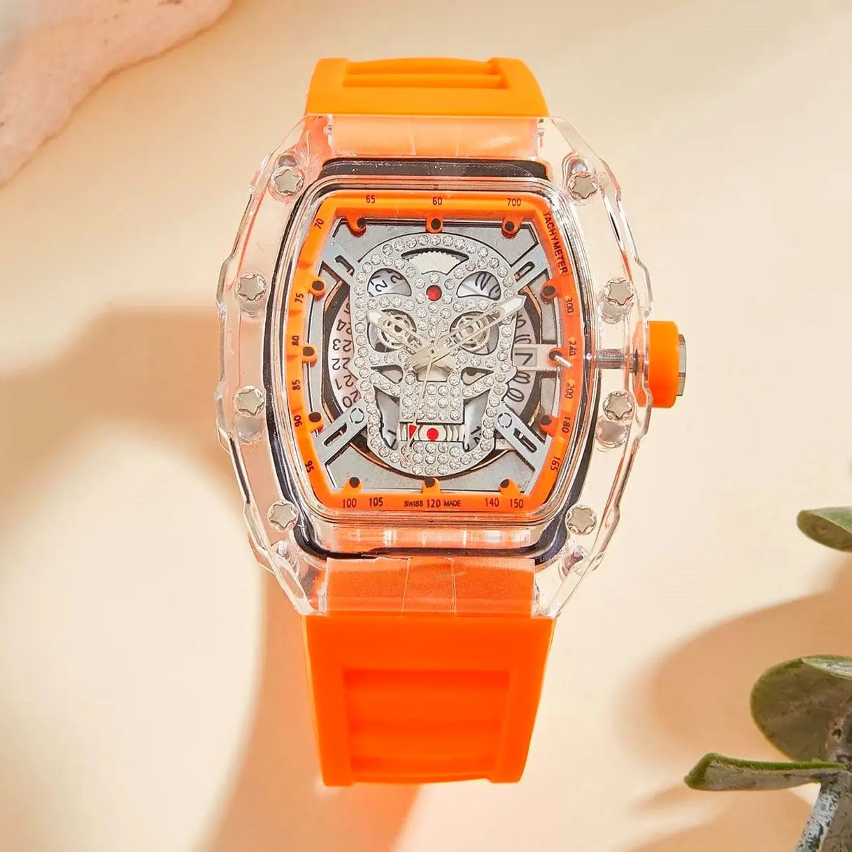 New Cool Angel Skull Original Design Oil Inlaid Diamond British Watch Orange Leisure Business Bucket Type