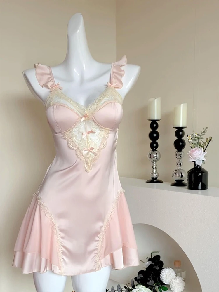 Women Light Pink Nightdress Sexy Lace Lingerie Nightwear Sleeveless Bath  Robe Gown Nightdress Nightgown Home Dress 90s Clothing - AliExpress  200574005