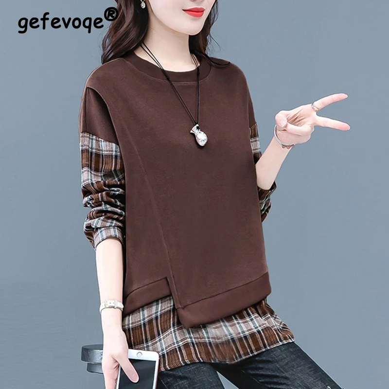 Women Trendy Retro Casual Streetwear Plaid Patchwork Asymmetrical Sweatshirts Y2K Female O Neck Long Sleeve Loose Pullover Tops sweatshirts plaid cowl neck pullover sweatshirt burgundy in red size l m s