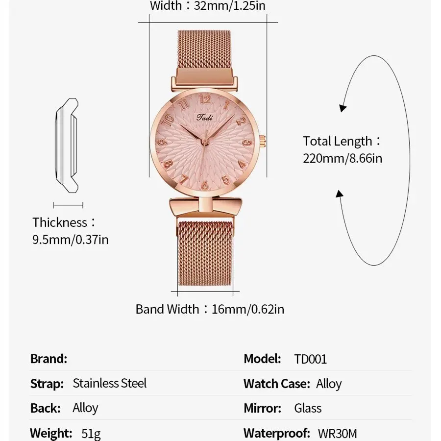 2PCS Set Women Watch Set Trendy Pink Design Mesh Belt Alloy Wristwatch Fashionable Timepiece Quartz Watch Lady 4