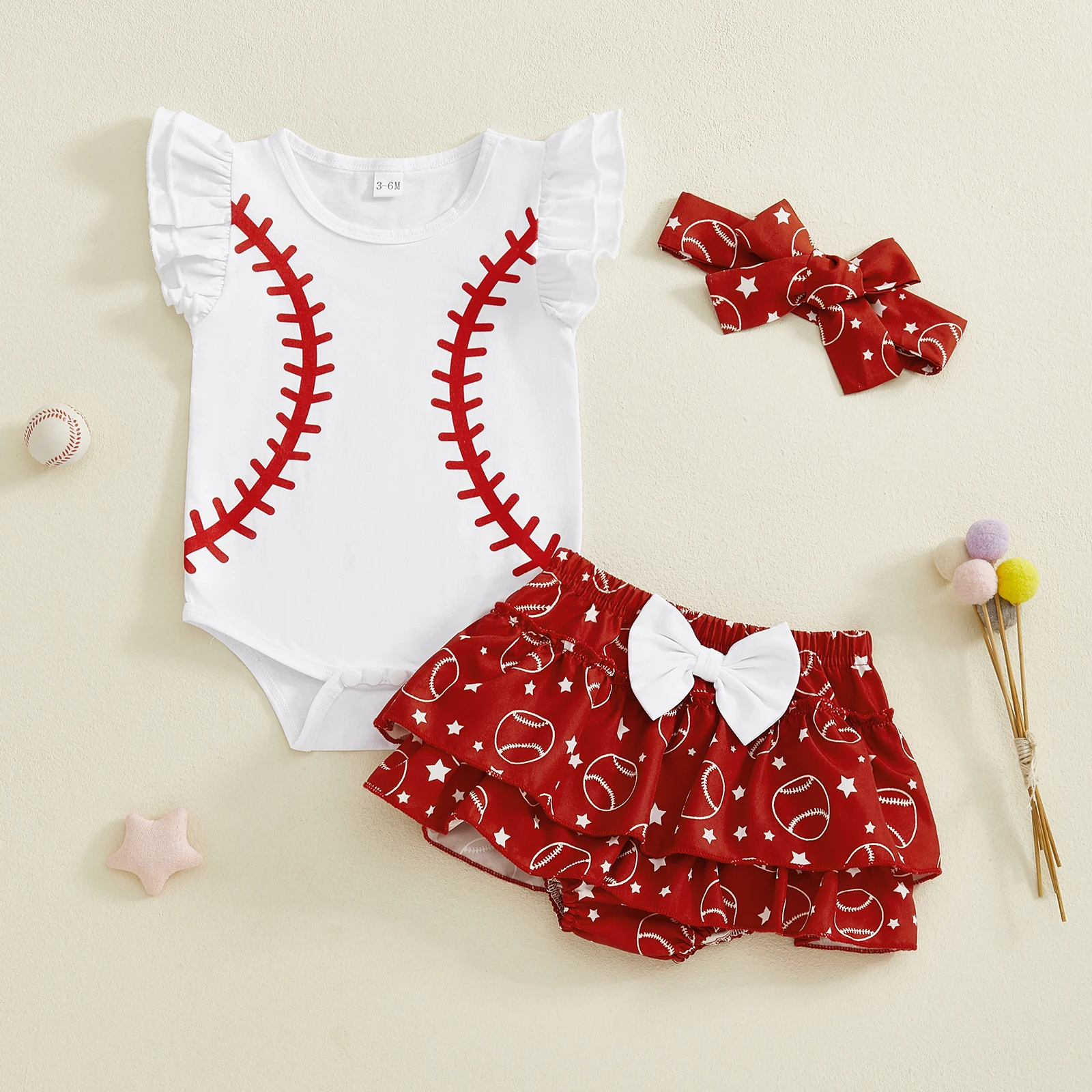 0-18M 여름  소녀 야구 프린트 의상 프릴 민소매 롬퍼 탑 스커트 반바지 머리띠 세트  의류